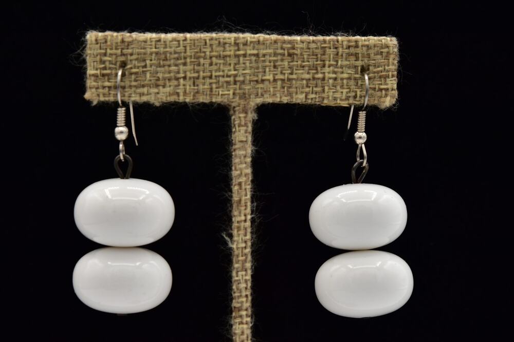 Vintage NOS Genuine Lucite White Double Oval Bead Dangle Earrings 1980s NS10